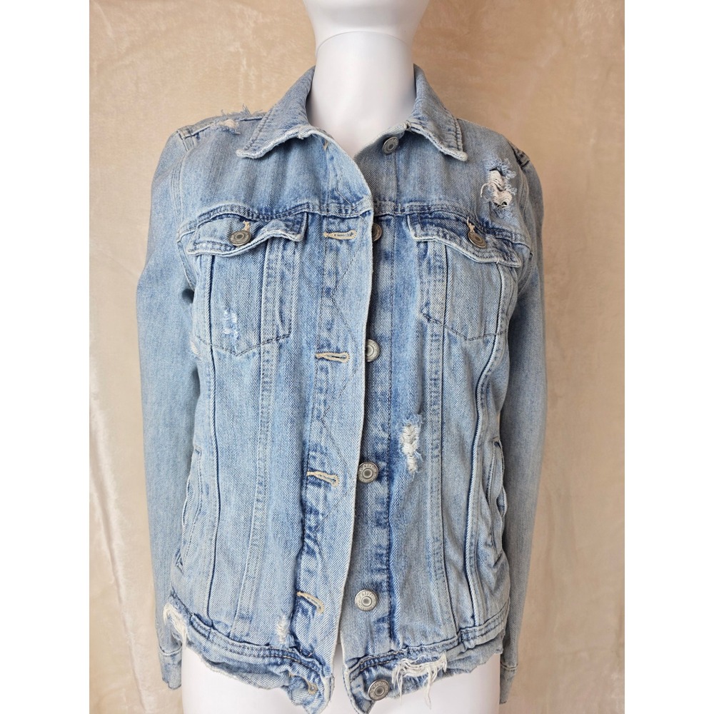 Denim Jacket Light Wash Distressed‎ Pockets Button Front Size S